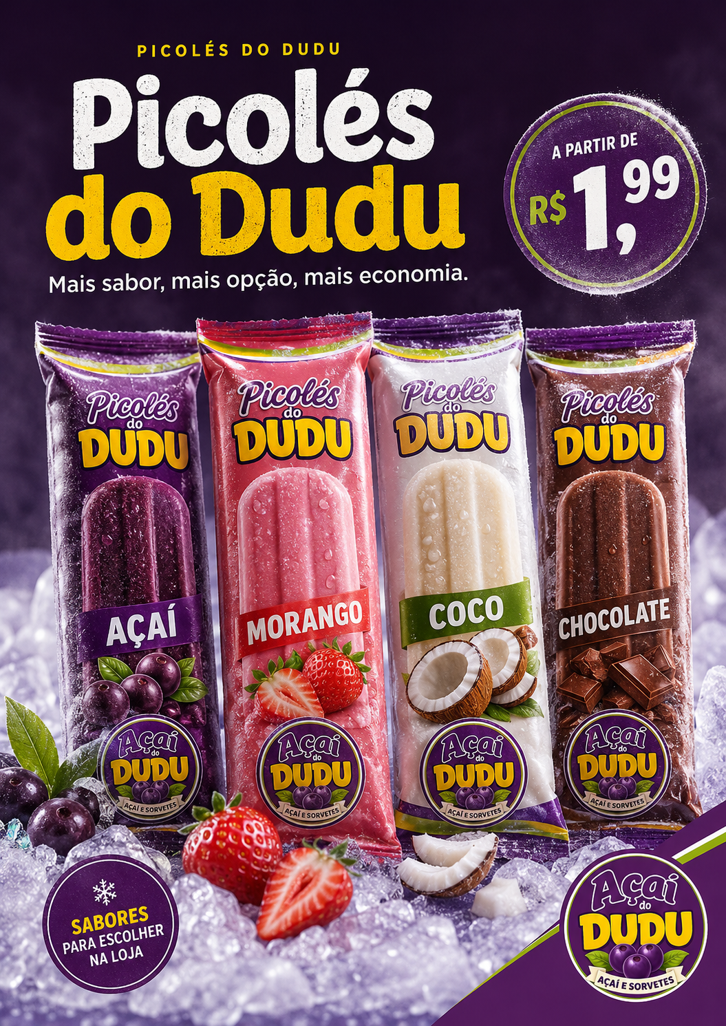 Picolés do Dudu em sabores variados, disponíveis no Açaí do Dudu