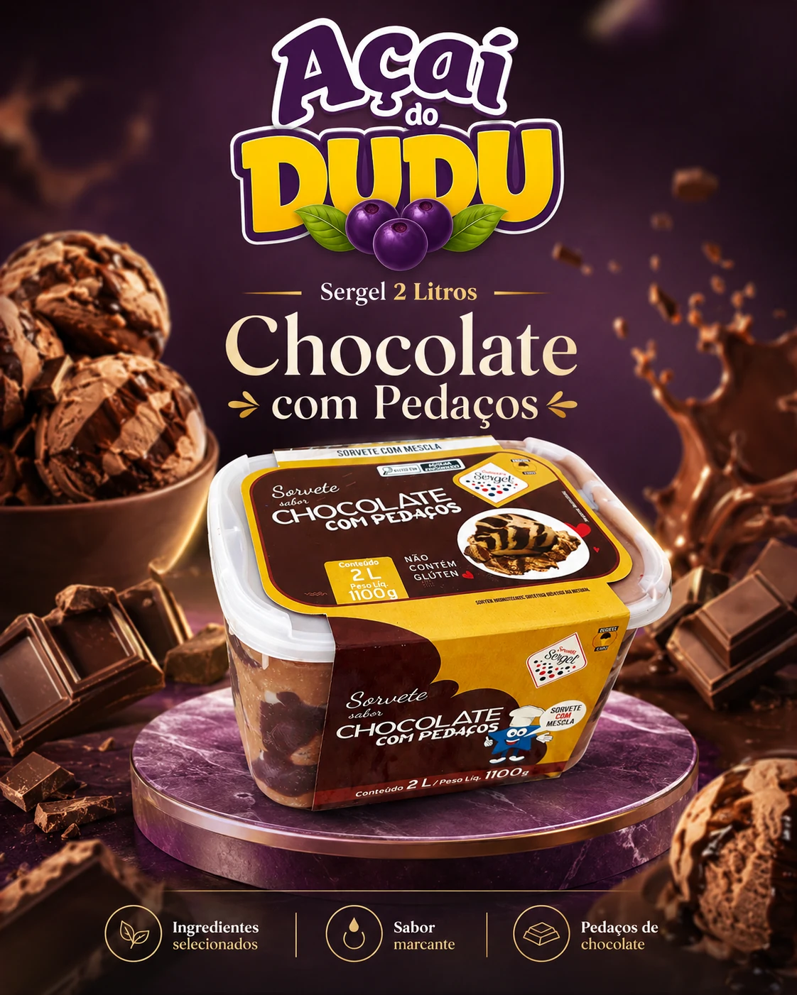 Pote Sergel Premium 2 litros Chocolate com Pedaços no Açaí do Dudu