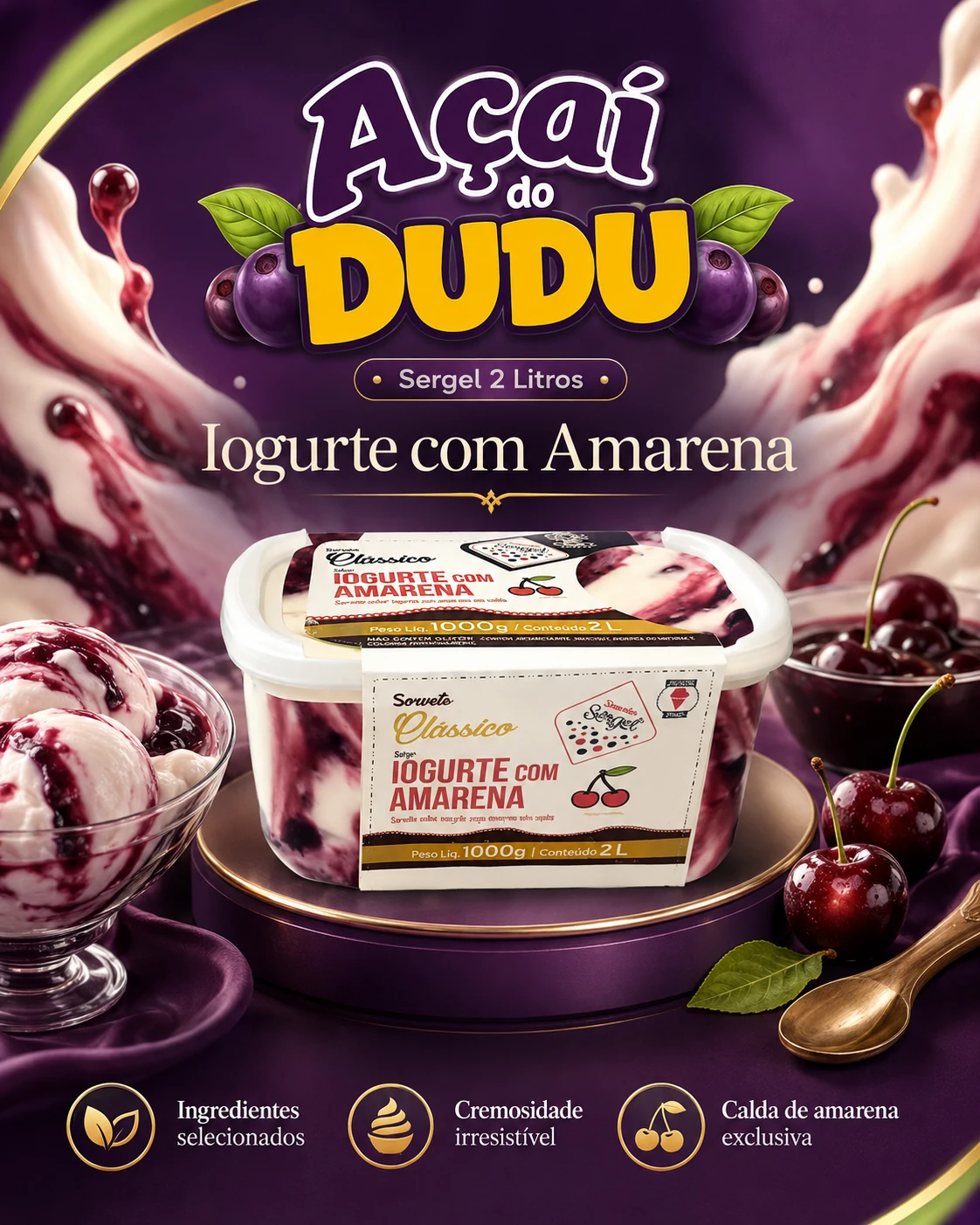 Pote Sergel Premium 2 litros Iogurte com Amarena no Açaí do Dudu